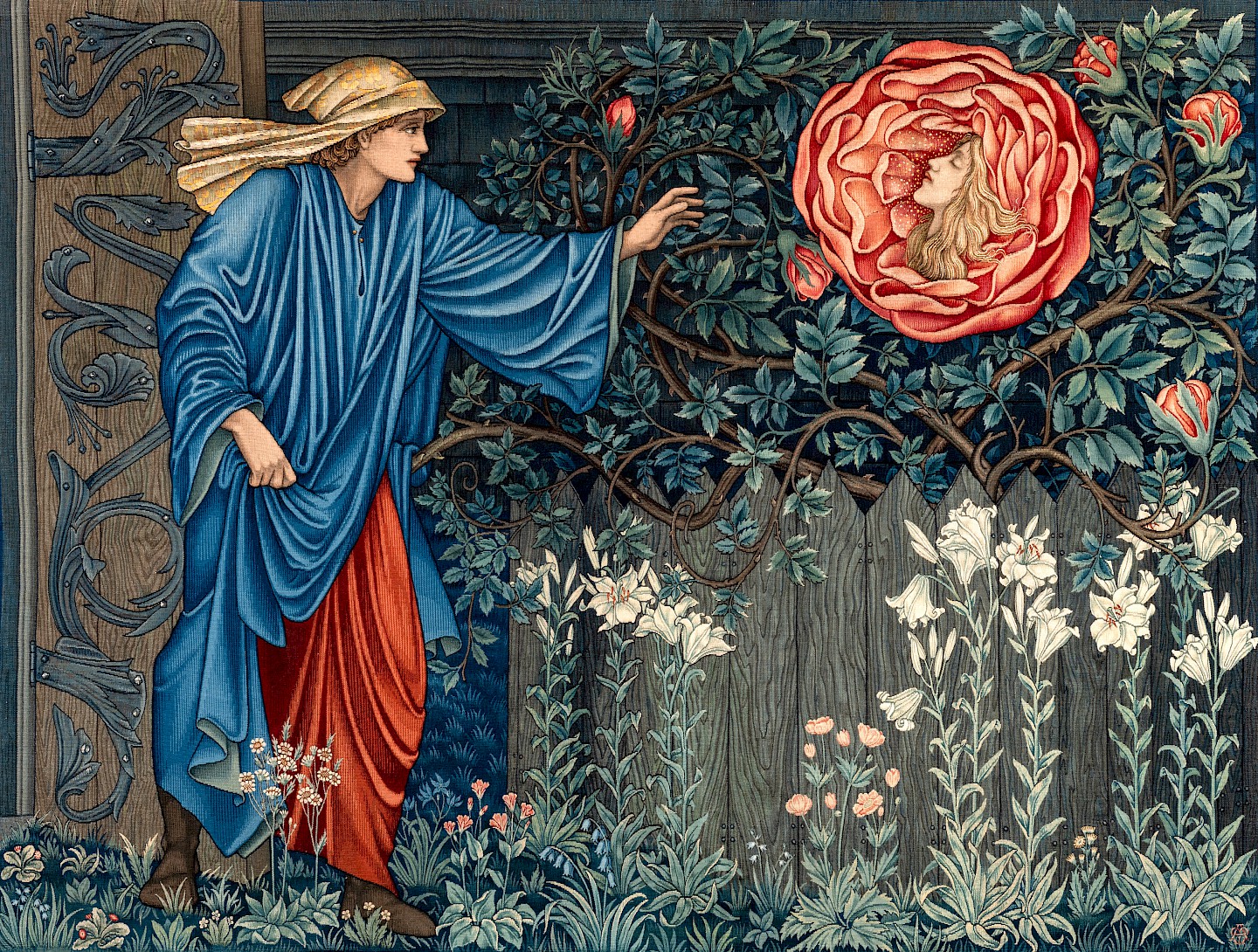 The tapestry shows a pilgrim in the garden with a large rose.