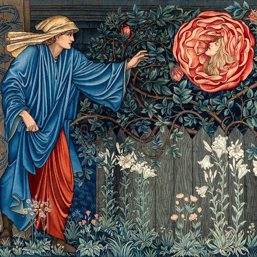 Die Tapisserie zeigt einen Pilger im Garten mit einer großen Rose.
