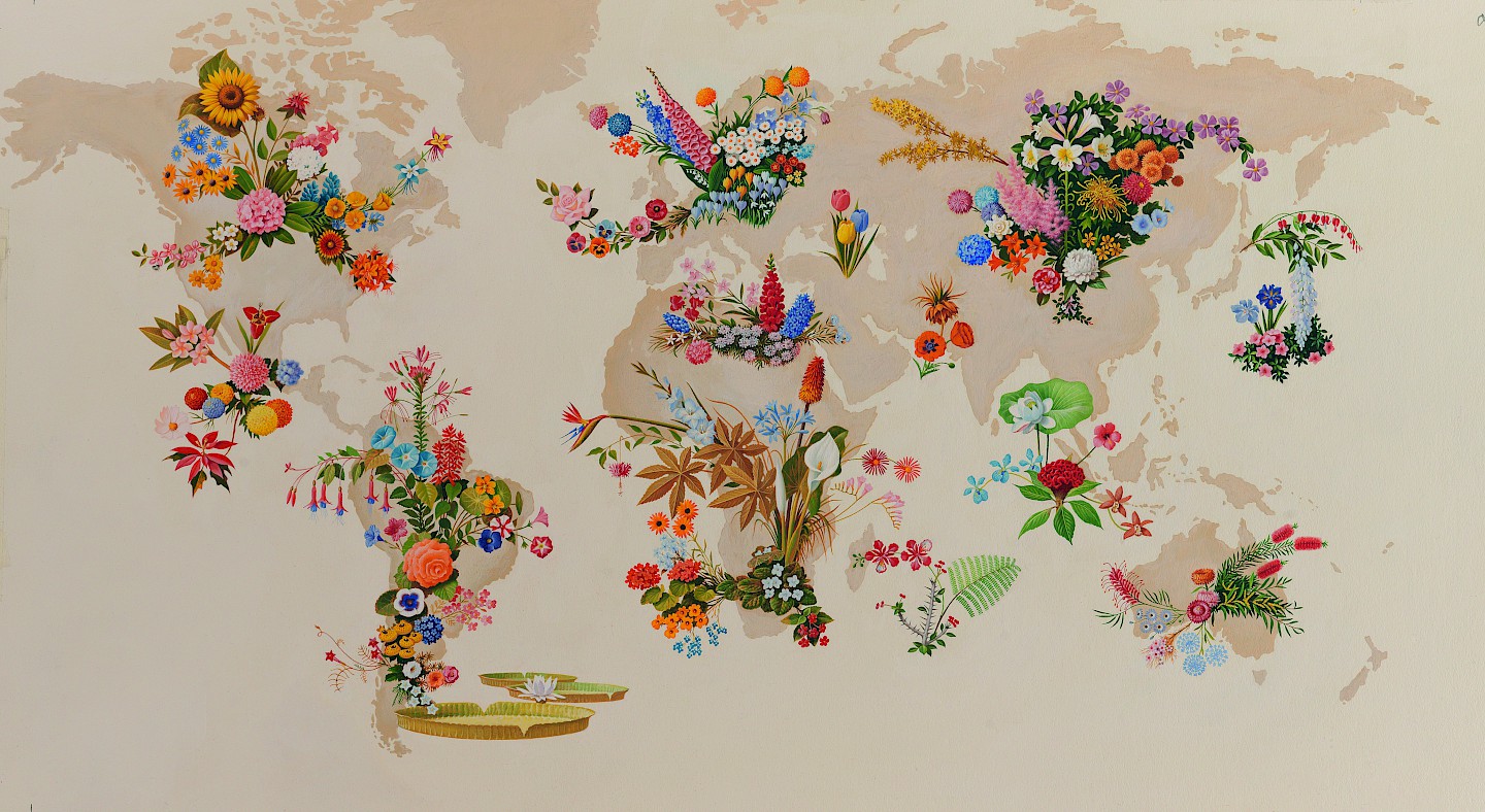 Eine Weltkarte, auf der eingezeichnet ist, woher welche Blume kommt.