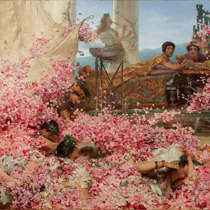 The painting "The Roses of Heliogabalus" by Lawrence Alma-Tadema