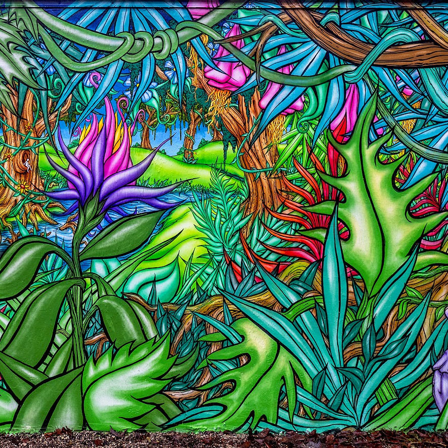 A colorful jungle of flowers as a mural.