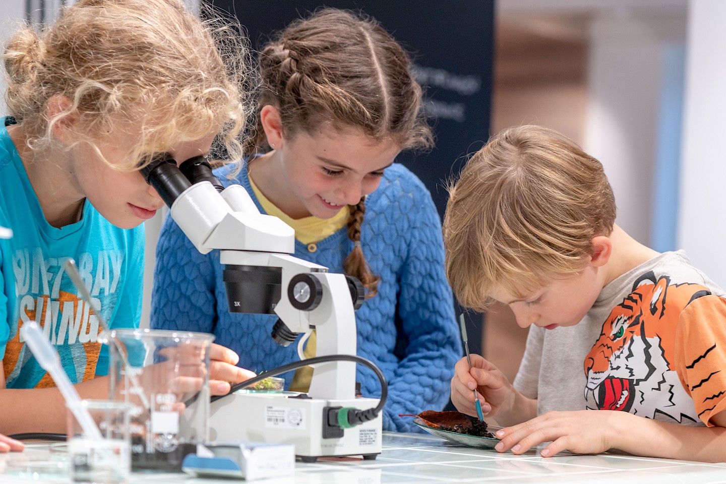 Children microscoping and doing experiments in the BIOTOPIA Lab