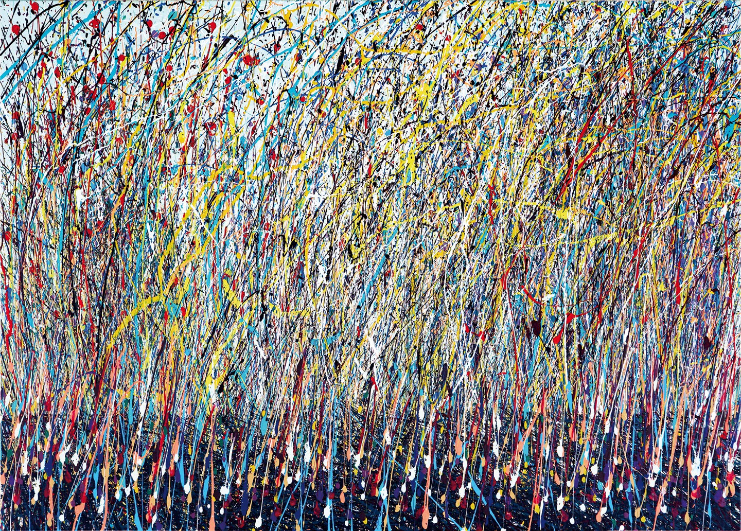 Explosion of colour from a dark background, arranged like grasses and flowers.