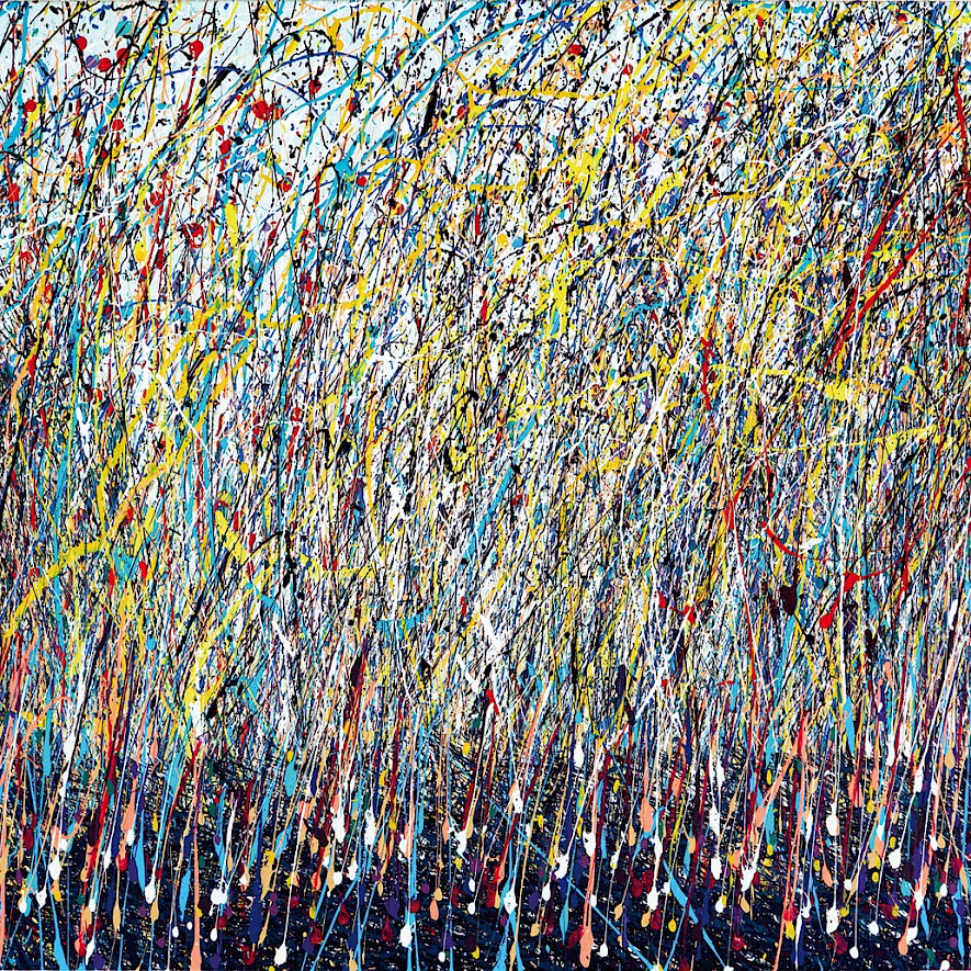 Explosion of colour from a dark background, arranged like grasses and flowers.