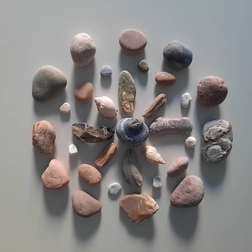 Mandala aus Steinen und Muscheln.
Rosine Lambin, 2022