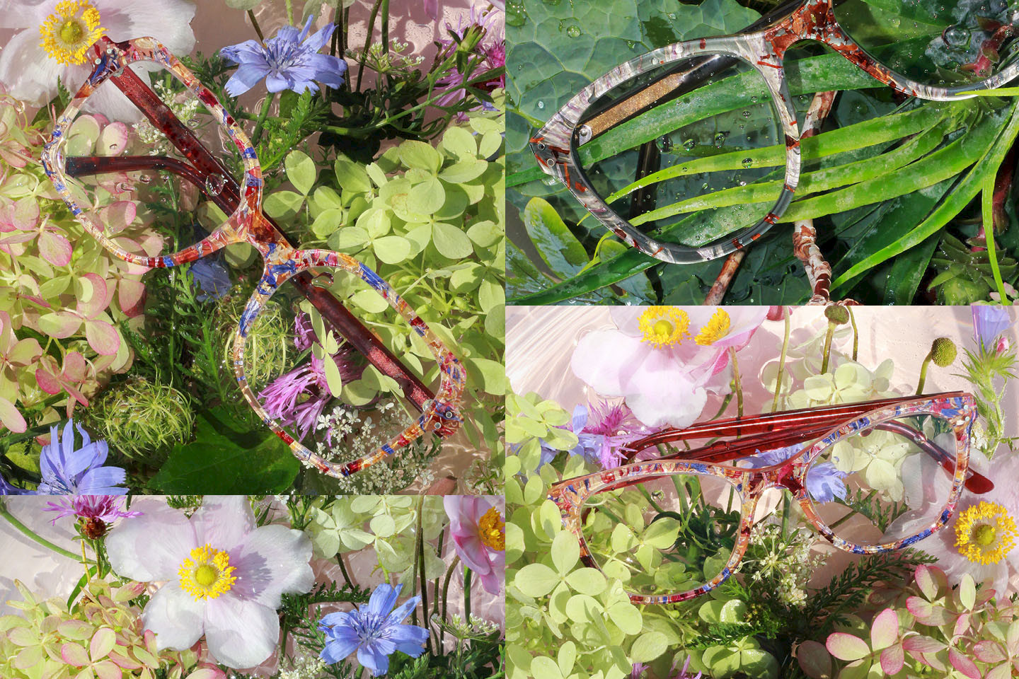 Collage mit Brillenfassungen mit einlaminierten Blüten – richtige Kunstwerke