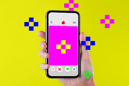 Hand mit Handy aus welchem Blumen in Pixelform sprühen