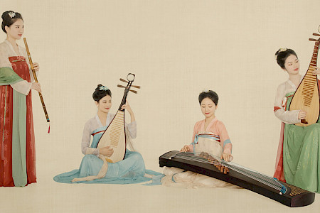 Illustration: The Silk String Ensemble in traditional dresses with traditional Chinese instruments.