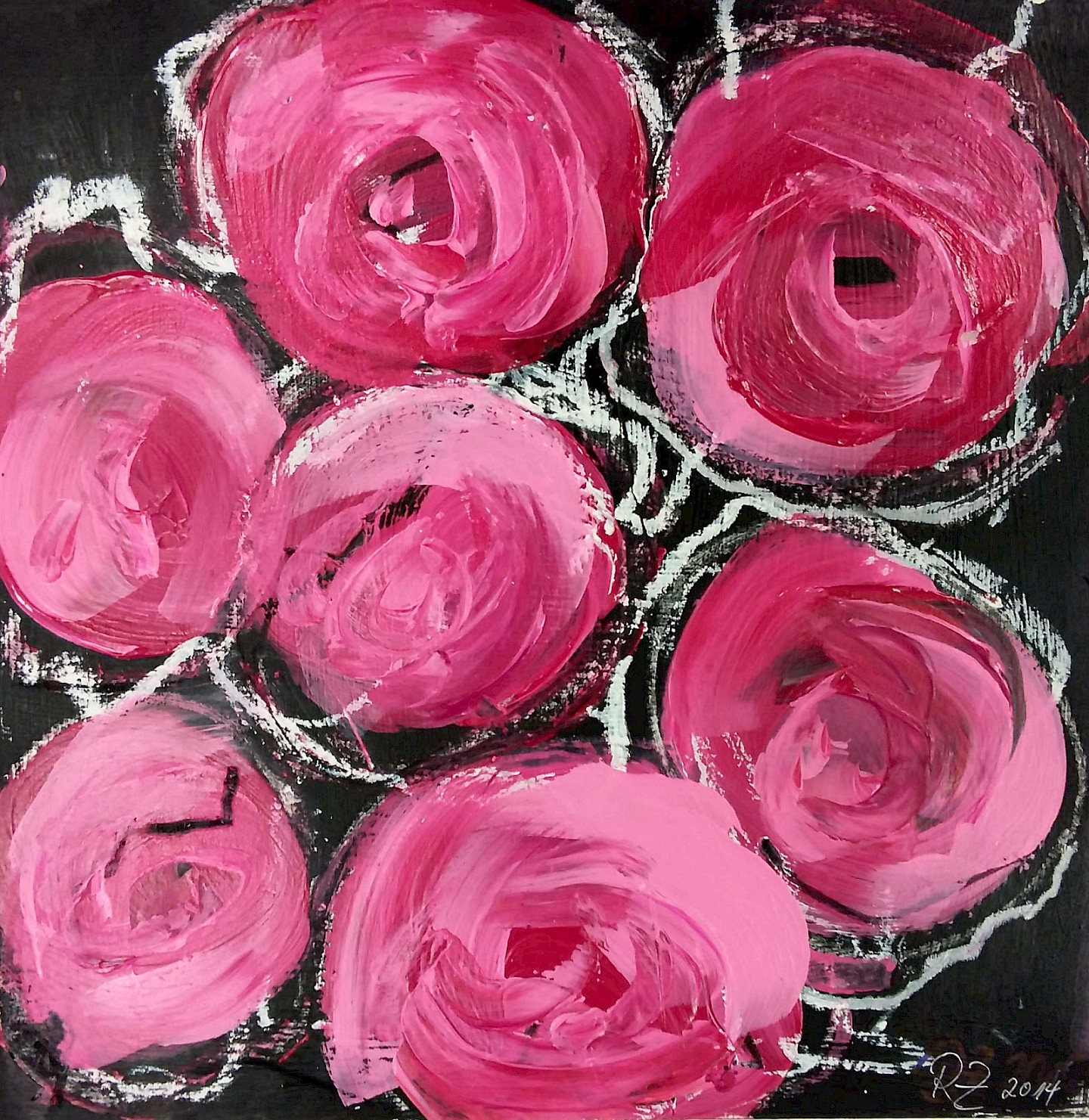 Rose study (1) painted on canvas 40x40 / acrylic and pastel chalk