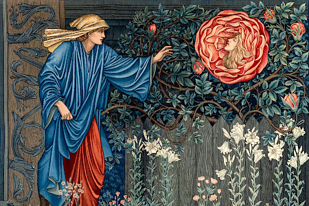 The tapestry shows a pilgrim in the garden with a large rose.