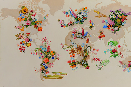 Eine Weltkarte, auf der eingezeichnet ist, woher welche Blume kommt.