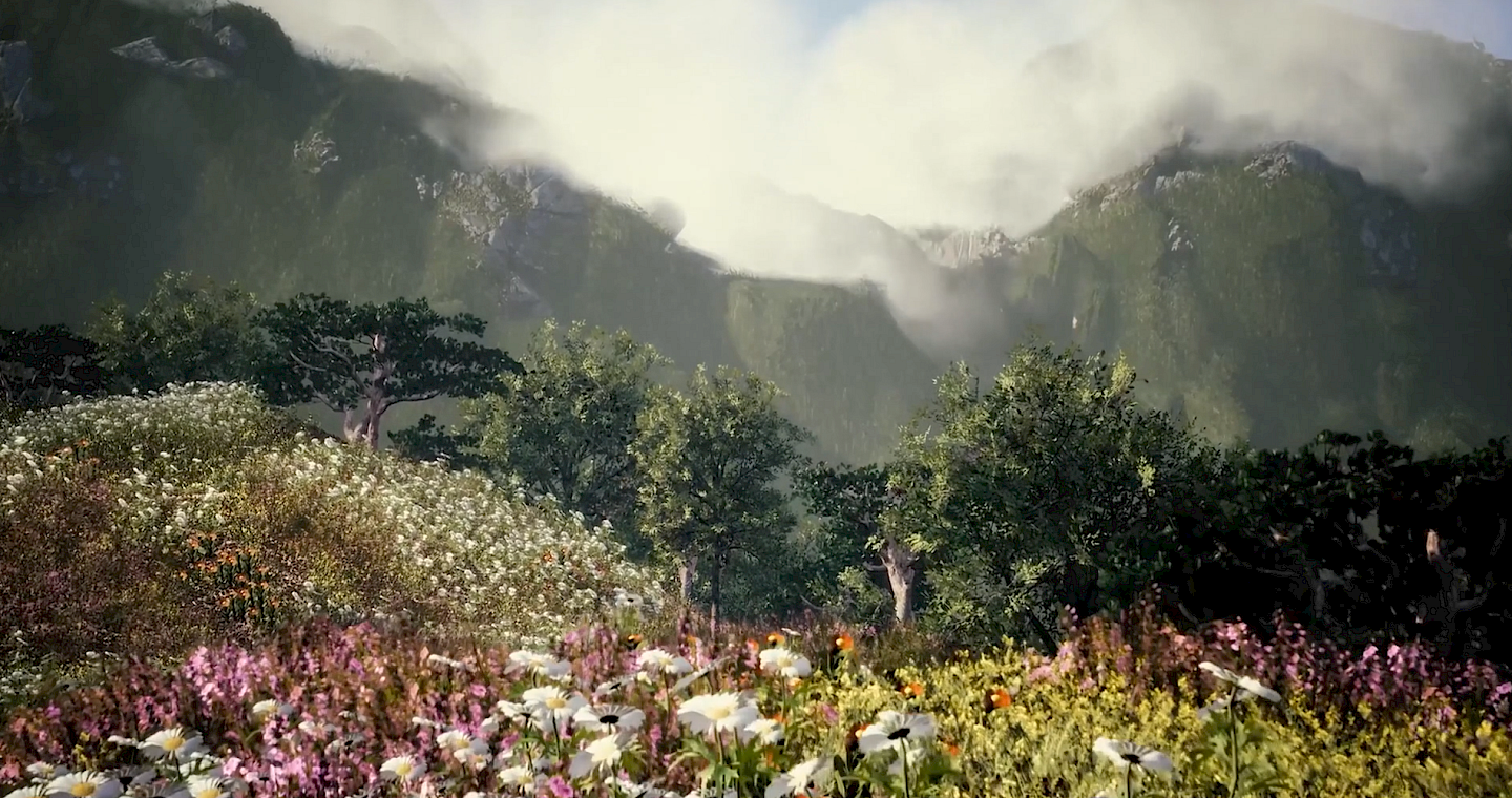 Landschaft mit Blumen: Visualisierung Lebensraum der ausgestorbenen Pflanze