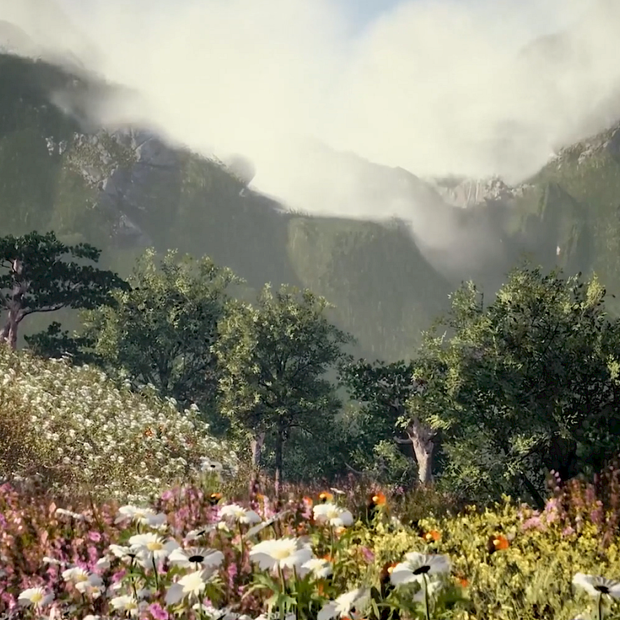 Landschaft mit Blumen: Visualisierung Lebensraum der ausgestorbenen Pflanze