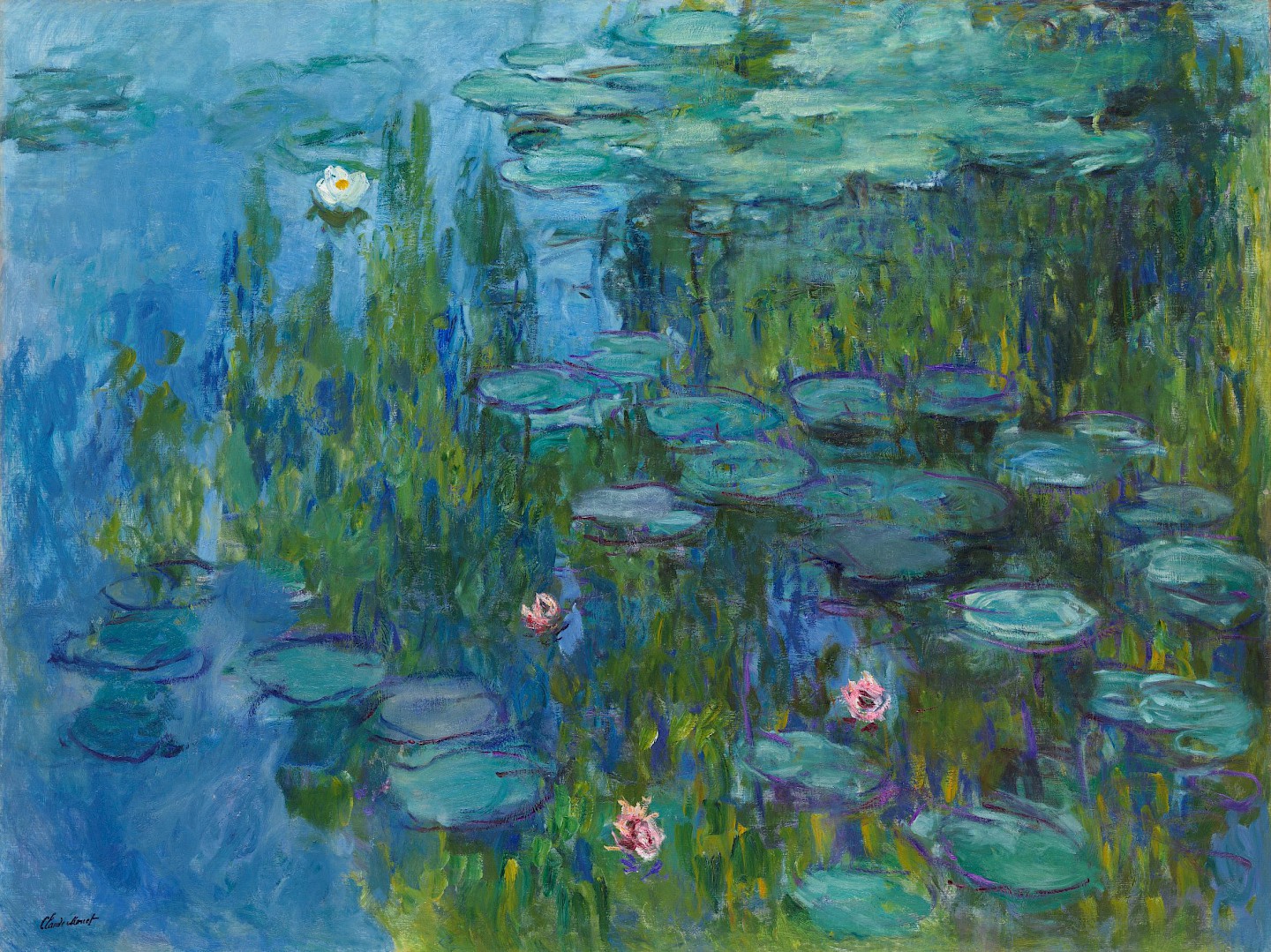 Impressionistic painting of water lilies in a pond