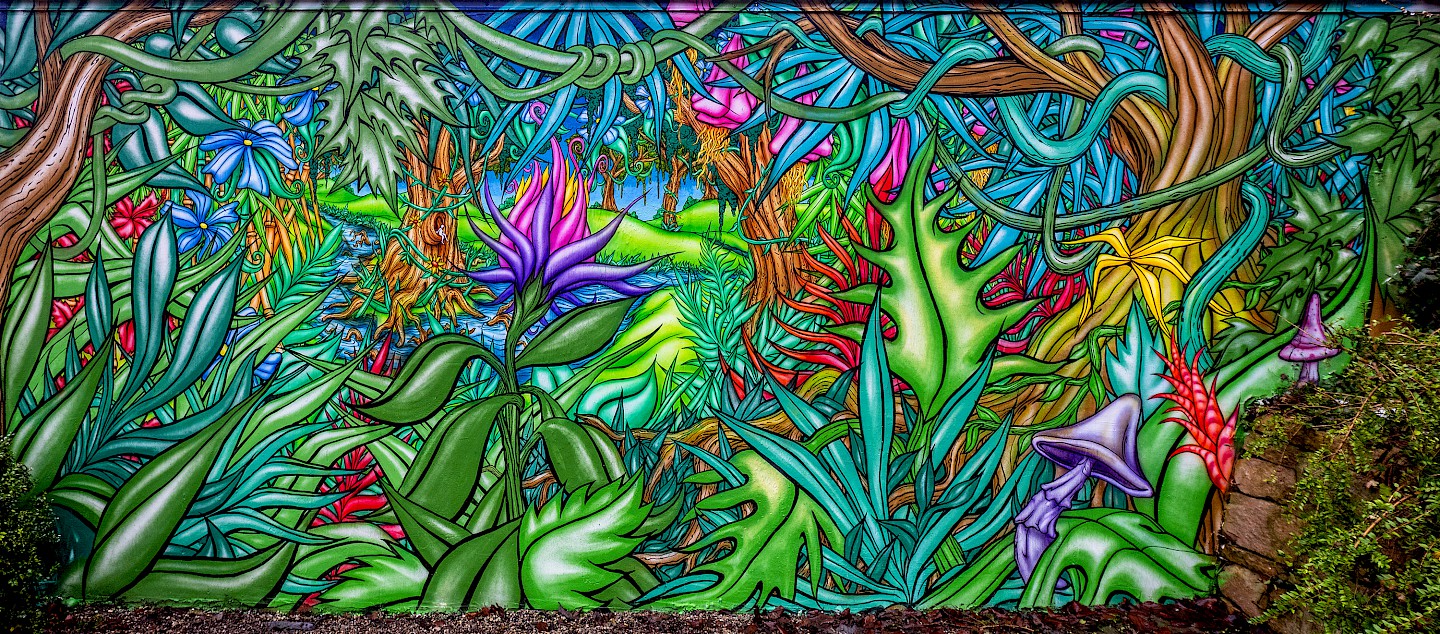 A colorful jungle of flowers as a mural.