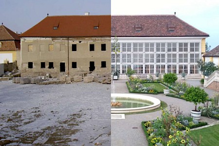 Östliches Glashaus und Garten der Orangerieanlage von Schloss Hof, Niederösterreich, zu Beginn und nach Abschluss der Wiederherstellung 2002–2007
