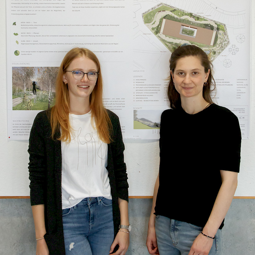 The students Annette Maier and Franziska Mees were photographed in front of their winning design of the student competition